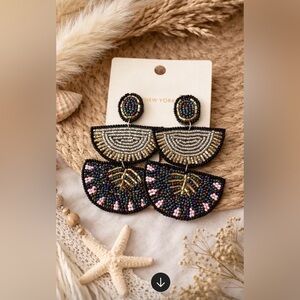 Rio Half Moon Beaded Earrings-Black